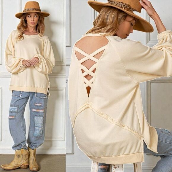 POL Beige Open Back Cross Strap Balloon Sleeve Sweatshirt Large NEW - Picture 4 of 12